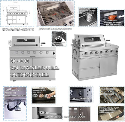 98.4" Outdoor Kitchen Island, 4-Burner Propane Grill & Fridge, Sink, Silver | 72000 BTU, 304 stainless, infrared rotisserie, granite countertops, LED fridge, halogen lights, storage cabinets, casters