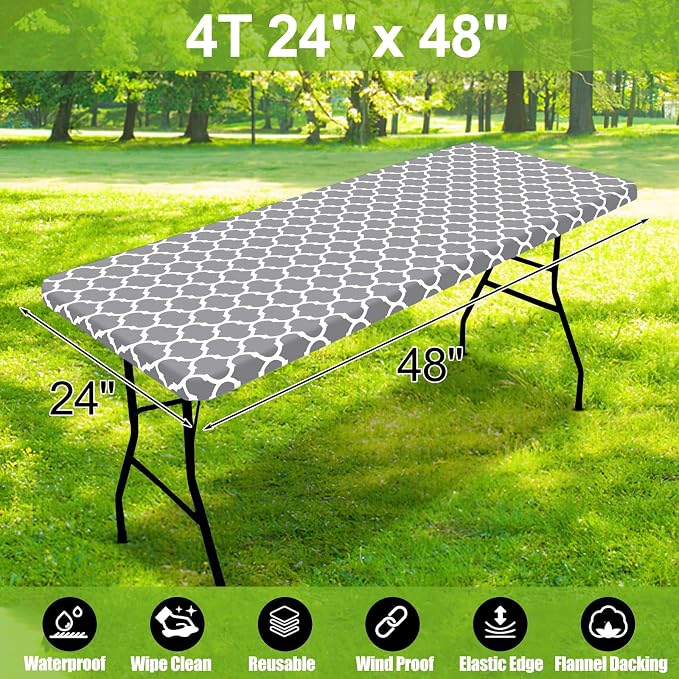 Smiry Picnic Fitted Table Cover, 4 Foot Flannel Backed Vinyl Tablecloth | Waterproof Elastic Stretch Table Cloth, Wipeable Plastic Tablecloth for Camping, Indoor & Outdoor (Grey, 24" x 48")