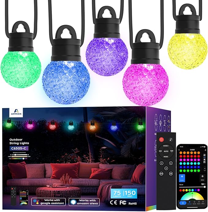 Smart Outdoor String Lights 150ft, RGBW Patio Light with 75 LED Bulb | IP65 Waterproof, 111 Scene Modes, Dimmable Warm White, Individual Control, Music Sync, Compatible with Alexa & Google