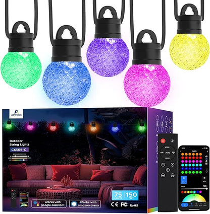 Smart Outdoor String Lights 150ft, RGBW Patio Light with 75 LED Bulb | IP65 Waterproof, 111 Scene Modes, Dimmable Warm White, Individual Control, Music Sync, Compatible with Alexa & Google