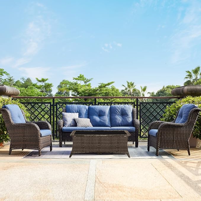 Rilyson Outdoor Patio Wicker Sofa, 900Lbs Weight Capacity Large 3 Seater Wicker Patio Couch with 4in Seat Cushions and Deep Seating, All Weather for Backyard, Garden, Poolside (Brown/Blue)