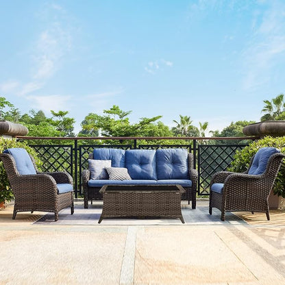 Rilyson Outdoor Patio Wicker Sofa, 900Lbs Weight Capacity Large 3 Seater Wicker Patio Couch with 4in Seat Cushions and Deep Seating, All Weather for Backyard, Garden, Poolside (Brown/Blue)