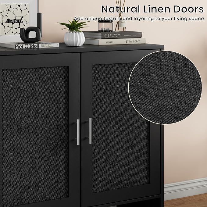 DHZ Buffet Cabinet with Storage, Farmhouse Sideboard with Black Rattan Doors & Adjustable Shelf, 31.5" Narrow Coffee Bar Cabinet, Kitchen Storage Credenza, Entryway Accent Liquor Cabinet