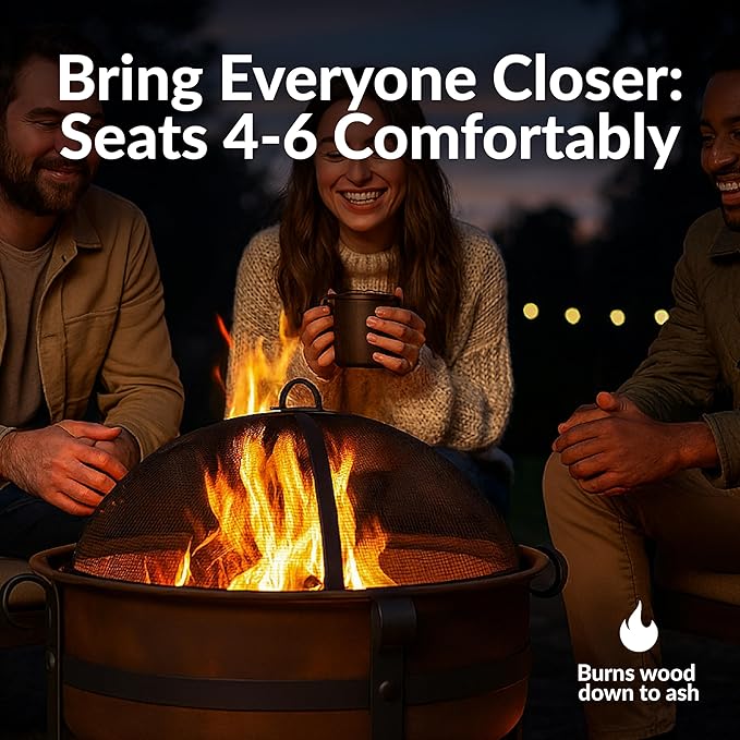 Sunnydaze Cauldron Wood-Burning Outdoor Fire Pit for Patio and Backyard - Round Steel Outside Firepit Bowl with Cover, Removable Ash Pan, Spark Screen, and Poker Tool - Dark Bronze - 29"