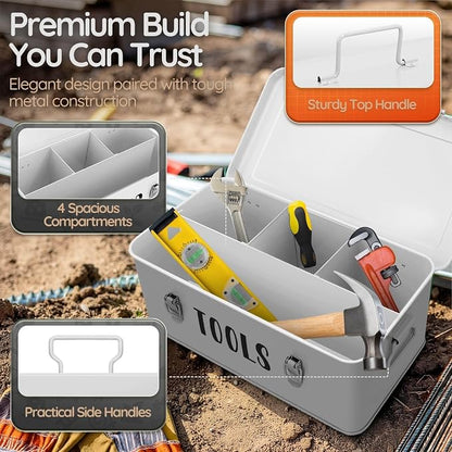 Flexzion 12-Inch Metal Seed Storage Box with Lid, 4 Compartments, White | Seed packet organizer with dual latches and carry handles for gardening supplies, tools, crafts and household essentials