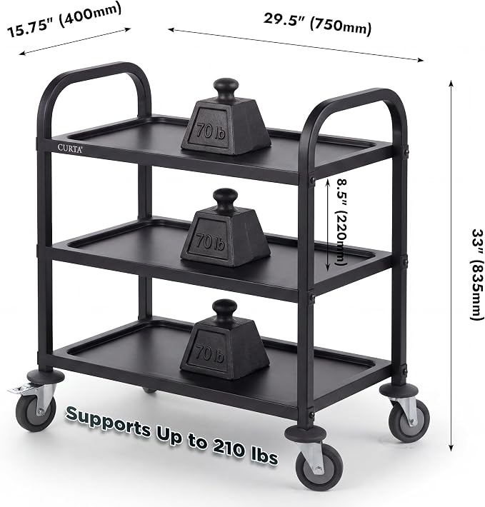 Black Stainless Steel Serving Cart, 3-Tier Rolling Utility Trolley (30"x16"x33"), Heavy Duty Painted Kitchen Cart on Wheels with Brakes, Commercial Grade for Restaurant, Hotel, Salon & Lab