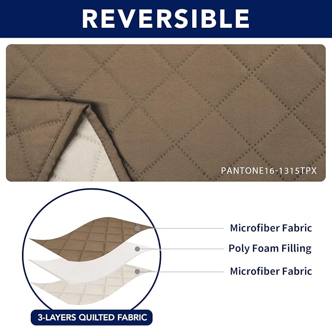 PureFit Water Resistant Reversible Loveseat Recliner Cover for Double | Double with Console, Non Slip Split Sofa Cover, Washable Reclining Cover, Camel/Ivory