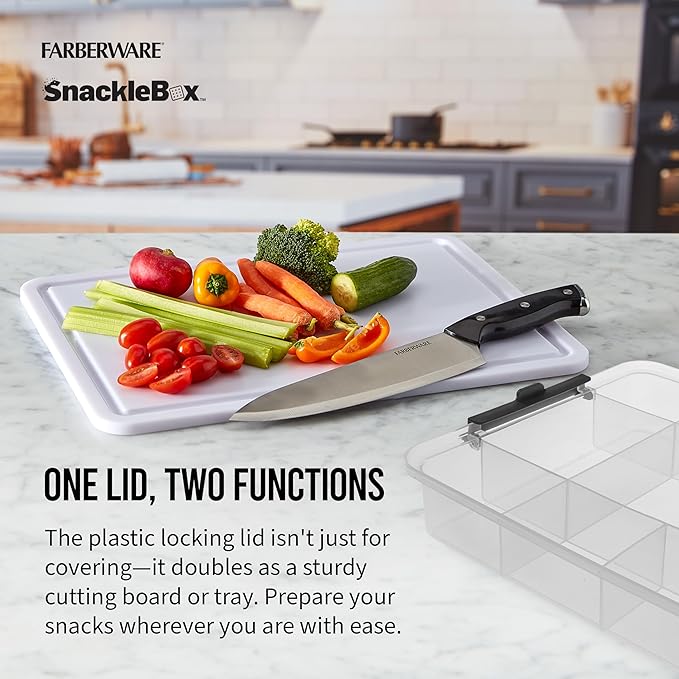 Farberware Large Build-A-Board Snacklebox Serving Tray with Locking Plastic Cutting Board Lid, Portable Storage Container with 11 Compartments for Charcuterie, and More