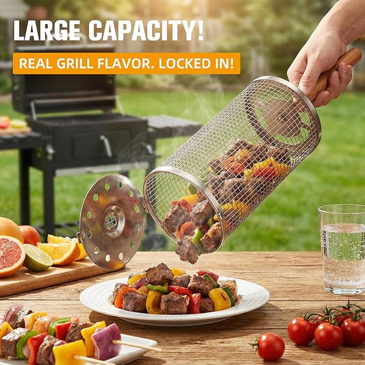Rolling Grill Baskets (2PCS), Stainless Steel Grill Basket,Dishwasher Safe BBQ Grill Accessories Portable Grill Baskets for Outdoor Grill for Fish, Shrimp,Meat,Vegetables,Fries Outdoor Cooking Camping