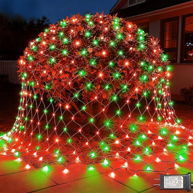 LitHome 14.8FT x 5FT Christmas Net Lights Outdoor Waterproof Connectable | 8 Modes 300 LED Red Green Bush Lights, Net Mesh Light Dark Green Wire for Bushes Shrubs Outdoor Christmas Holiday Decor