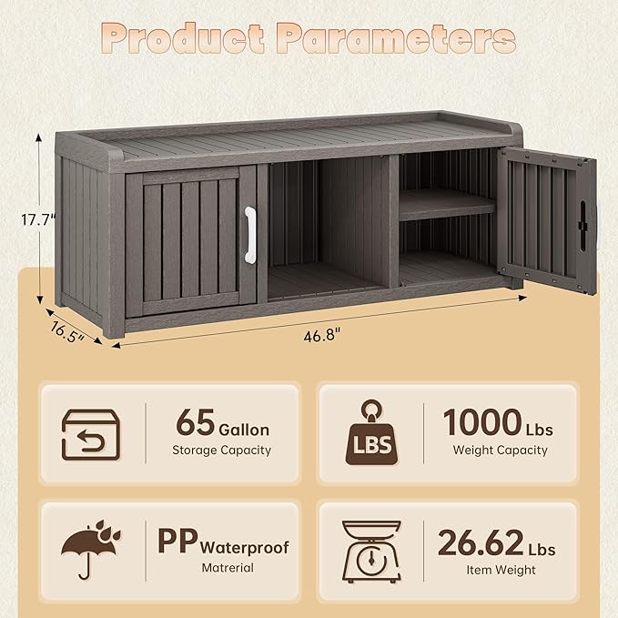 Bifanuo Shoe Storage Cabinet, 2-Door Outdoor Storage Bench with Adjustable Shelves, Waterproof UV-Resistant for Hallway, Living Room, Entryway, Large Capacity Modern Organizer (Grey)