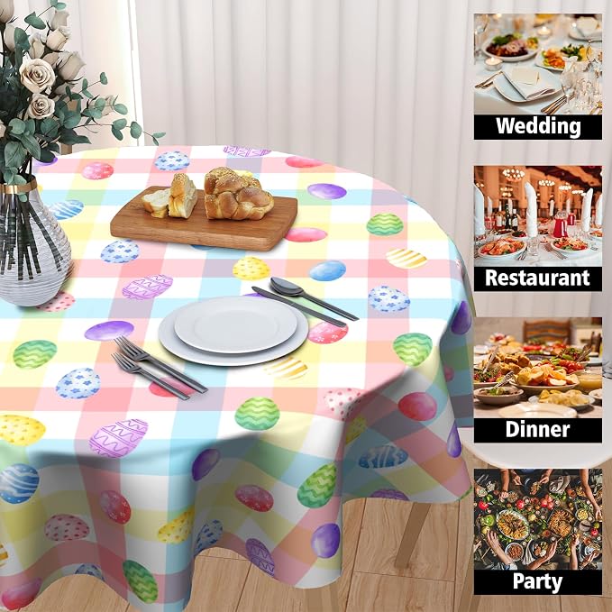 Sweetshow Easter Colorful Eggs Table Cloth Round Buffalo Check Plaid Tablecloth 60 Inch Decor Washable Stain and Wrinkle Spring Round Table Cover for Dining Picnic