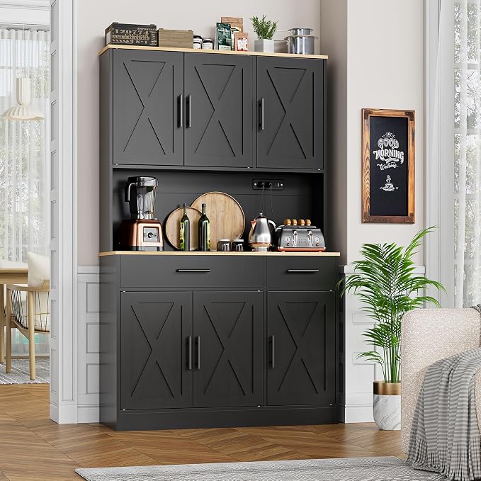 Shintenchi Pantry Cabinet with Charging Station, 70” Tall Kitchen Storage Cabinet with Microwave Stand, Storage Drawers & Adjustable Shelves, Large Capacity Kitchen Hutch for Dining Room, Black