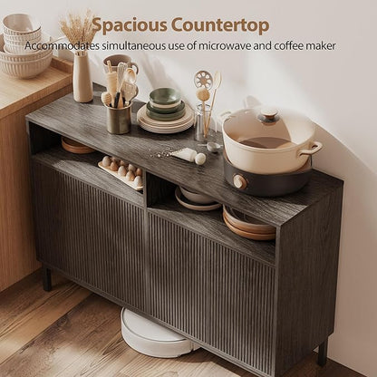 Mericonia Farmhouse Buffet Sideboard Cabinet with Storage, Fluted Coffee Bar with Doors and Adjustable Shelves, Modern Wood Console Cabinet for Kitchen, Livingroom (Fluted 4 Door, Grey)