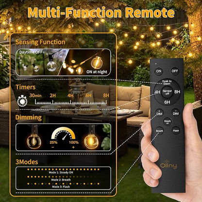 Ollny Outdoor String Lights with Remote, 50FT Plug in Patio Lights with Timer & 15 Shatterproof G40 Edison Bulbs, Waterproof Dimmable Outdoor Hanging Light for Porch, Backyard, Garden, 24V 2700K