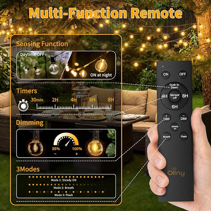 Ollny Outdoor String Lights with Remote, 100FT Plug in Patio Lights with Timer & 52 Shatterproof G40 Edison Bulbs, Waterproof Dimmable Outdoor Hanging Light for Porch, Backyard, Garden, 24V 2700K