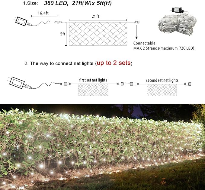Lovelite 360 LED Net Lights, 21ft x 5ft Christmas Mesh Lights Clear Wire 8 Modes, Waterproof Connectable String Light Plug in for Xmas Tree Bushes Garden Outdoor Party Decorations - White