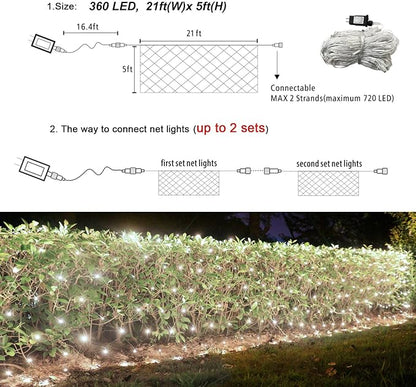 Lovelite 360 LED Net Lights, 21ft x 5ft Christmas Mesh Lights Clear Wire 8 Modes, Waterproof Connectable String Light Plug in for Xmas Tree Bushes Garden Outdoor Party Decorations - White