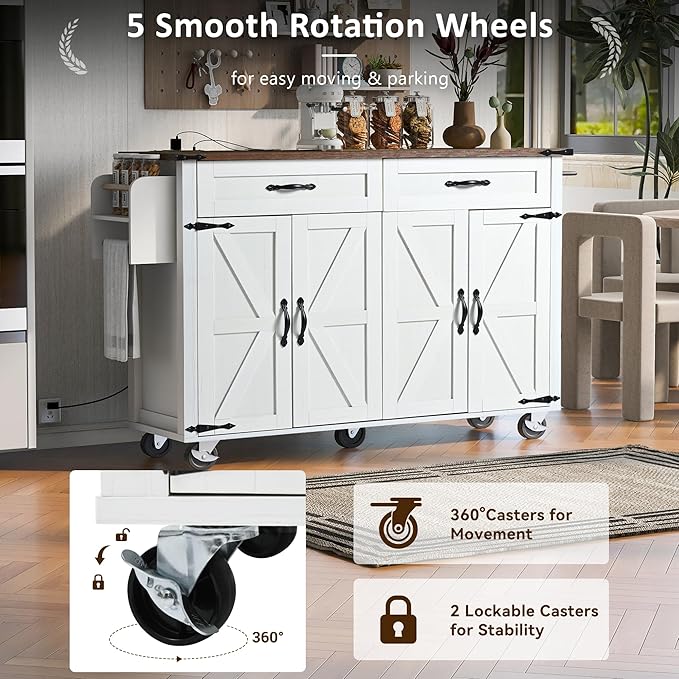 53.5''Farmhouse Kitchen Island with Power Outlet,Storage Cart W/Drop Leaf/Spice Rack/Drawer,Rolling KitchenCart on Wheels,for Home,Dining Room,White