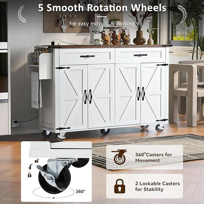 53.5''Farmhouse Kitchen Island with Power Outlet,Storage Cart W/Drop Leaf/Spice Rack/Drawer,Rolling KitchenCart on Wheels,for Home,Dining Room,White