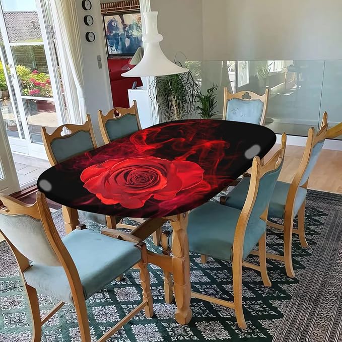 Valentine's Day Oval Fitted Polyester Tablecloth, Red Rose Pattern Elastic Edged Spill Proof Table Cover, Great for Home Kitchen/Parties/Holiday Dinner Party, Fit to 48'' W x 68'' L