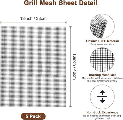 M METERXITY 5-Pack BBQ Mesh Grill Mat 16 X13 Inch, Reusable Nonstick Grilling Mats Sheet Liner for Outdoor Grill/Griddle/Cooking/Baking Mats/Gas Electric Grill/Barbecue Smoker[Black]