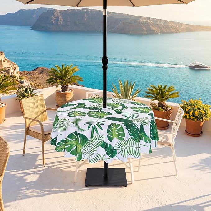 SquarePie 70 Inch Round Outdoor Tablecloth with Umbrella Hole and Zipper - Waterproof Spillproof Polyester Patio Table Cloth for Picnic Backyard, Palm Leaf