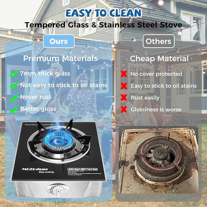 Single Burner Propane Stove 15000 BTU, Portable Gas Stove 1 Burner, Camping Stove Propane with LPG Adapter Hose for Indoor and Outdoor Kitchen Cooking