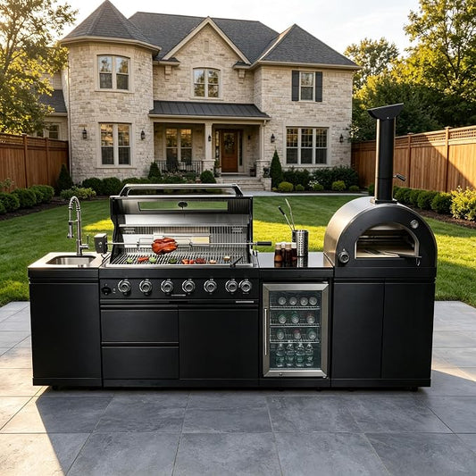 109" Outdoor Kitchen Island,Propane BBQ Grill with Pizza Oven,120000 BTU. | Stainless Steel Grill with Rotisserie,Refrigerator,Sink,Granite Countertop,Storage Cabinets Drawers.Sleek Black Finish