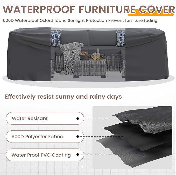 UDPATIO Patio Furniture Set with Fire Pit Table, 8 Pcs Outdoor Sectional Sofa, PE Wicker Patio Conversation Set for Garden, Backyard (Grey Cushions with Grey Rattan)
