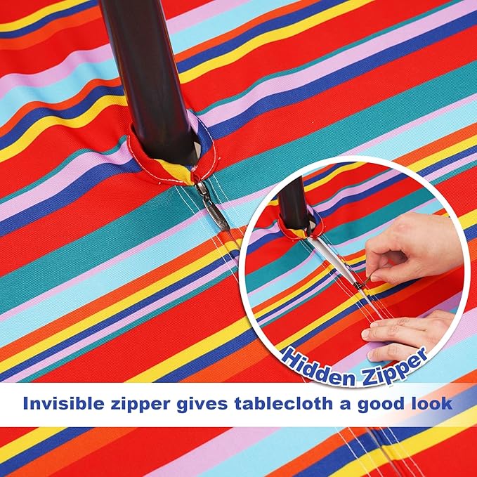 SquarePie Round Outdoor Tablecloth with Umbrella Hole and Zipper Patio Waterproof Table Cloth Cover for Camping Picnic BBQs Backyard,60 Inch Color Stripe