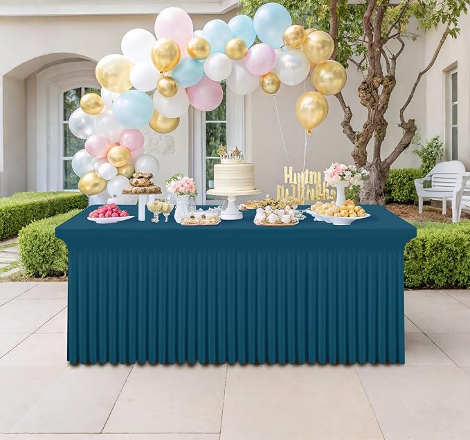 Smiry Spandex Elastic Fitted Table Cloth Skirt for 6FT Rectangle Table | Stretch Washable Table Cloth, Banquet Table Cover for Wedding, Party, Indoor & Trade Shows, (Peacock Blue, 72Lx30Wx30H)