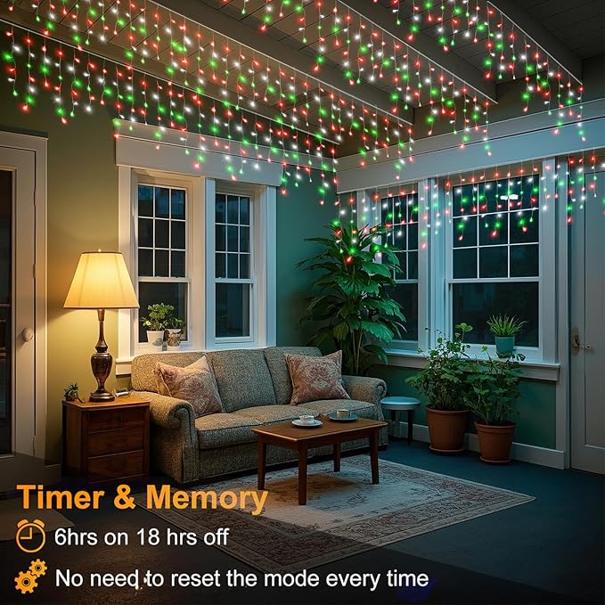 66ft Icicle Lights for Outside, Red White and Green Christmas Lights Outdoor Indoor, 640 LED Twinkle String Light with 120 Drops, Clear Wire Connectable Timer for Thanksgiving Room Home Wall Bedroom