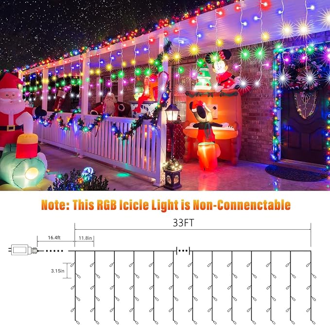 Joomer 33FT RGB Christmas Icicle Lights Outdoor Non-Connectable Xmas Lights | with Remote Timer Waterproof Plug-in String Light for Xmas Party, holiday Eaves Roof Christmas Decorations