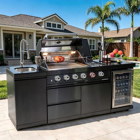 85'' Modular Outdoor Kitchen Island, 72000 BTU, LPG, Black | 4 Burner, 304 Stainless Steel, Outdoor Kitchens with Sink, Refrigerator, Rotisserie kit, Granite Countertops