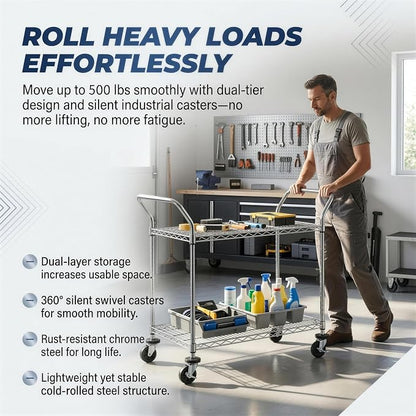 Finnhomy 2-Tier Commercial Grade Rolling Cart, Heavy Duty Utility Cart, Carts with Wheels and Handles, Kitchen Cart on Wheels, Metal Serving Cart with 500 lbs Capacity, Shelf Size 20" D x 36" W, NSF