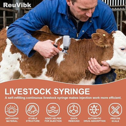 5ML Livestock Syringe, Automatic Self Refill Syringes Continuous Repeating Adjustable Bottle Attachment Livestock Animal Injection Gun with 10 Needles, for Chicken, Duck, Pig, Sheep, Cow Poultry