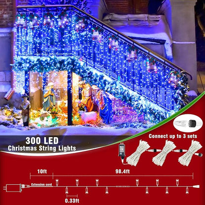 300 LED Blue Christmas Lights Outdoor Waterproof, 100ft Extra Long Blue String Lights 8 Modes Plug in Twinkle Fairy Lights with Timer for Indoor Outside Bedroom Christmas Tree Party Decorations