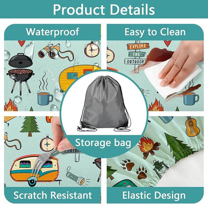 Camping Picnic Table Cover with Bench Covers and Bag, Camping Essentials, Waterproof Windproof Fabric, Fitted Tablecloth Cover with Elastic Edge, for Indoor & Outdoor, Garden, 3 PCS, 30x96 Inch
