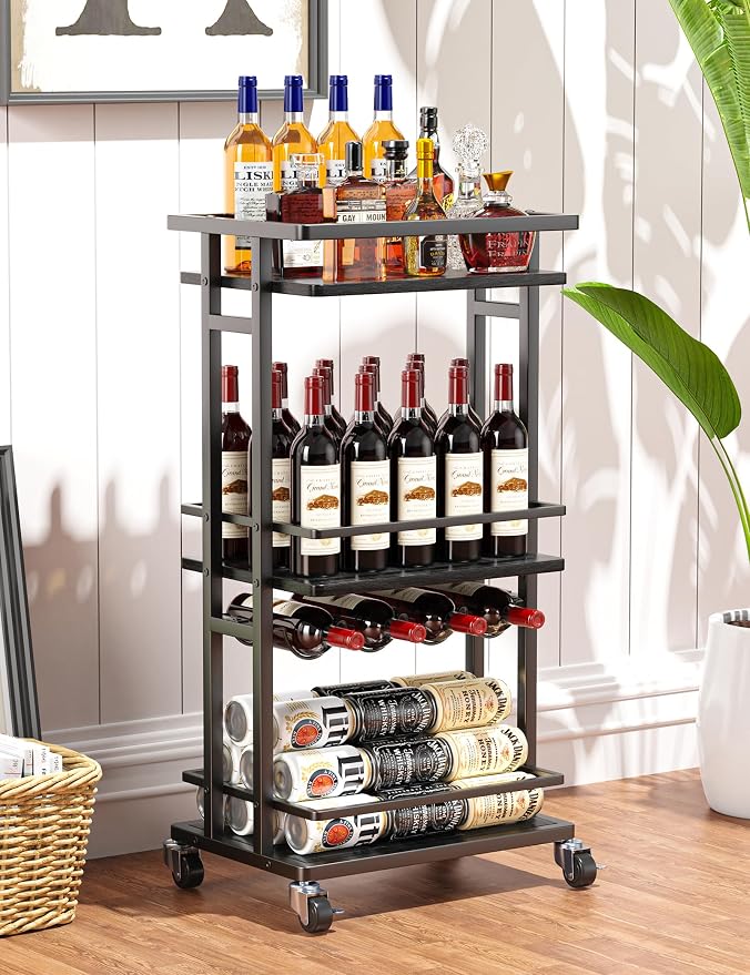 OKZEST 3-Tier Bar Cart for Home, Mini Rolling Liquor Cabinet & Serving Cart | Small alcohol coffee bar cart for party, Holds wine, liquor, beverage, glassware, shaker, coffee supplies, Rustic farmhouse