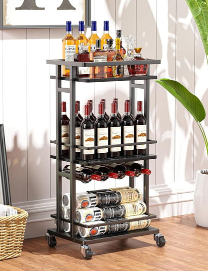 OKZEST 3-Tier Bar Cart for Home, Mini Rolling Liquor Cabinet & Serving Cart | Small alcohol coffee bar cart for party, Holds wine, liquor, beverage, glassware, shaker, coffee supplies, Rustic farmhouse