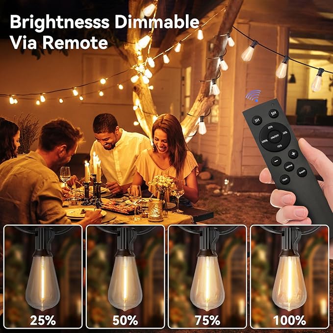 YOYONACY 100 FT Outdoor String Lights for Outside, IP65 Waterproof ST38 LED Shatterproof Bulbs, Dimmable & Timable, 3 Light Modes, Hanging Patio Edison Lights for Porch Backyard Cafe Bistro