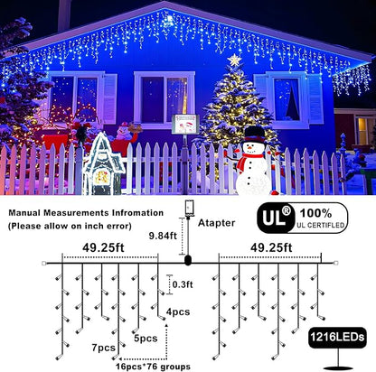 99FT Icicle Lights for Outside 1216 LED Blue Christmas Lights Outdoor | 8 Modes with 228 Drops Plug in Icicle Christmas Lights Outdoor Waterproof for House Indoor Party Holiday Halloween Decor
