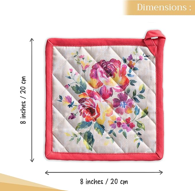 Maison d' Hermine Pot Holders 100% Cotton Heat Resistant Potholders 8" x 8" Hot Pads with Loop BBQ Cooking Baking Hotel Farmhouse Kitchen Handling Hot Pans Spring Summer (Pack of 1, Rose Garden)