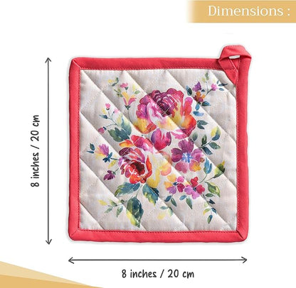Maison d' Hermine Pot Holders 100% Cotton Heat Resistant Potholders 8" x 8" Hot Pads with Loop BBQ Cooking Baking Hotel Farmhouse Kitchen Handling Hot Pans Spring Summer (Pack of 1, Rose Garden)