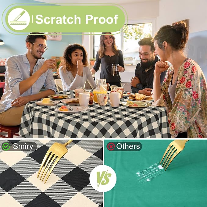 Smiry Oval Table Cloth, Vinyl Tablecloths with Flannel Backing, 60"x84" | Waterproof Picnic Table Cloth, Wipeable Buffalo Plaid Table Cover for Indoor and Outdoor (Black & Beige)