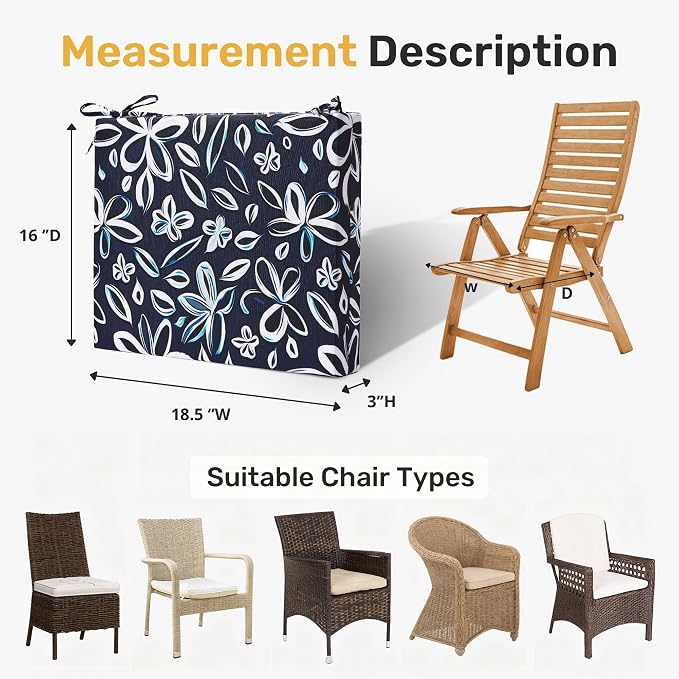 UNIKOME Outdoor Chair Cushions Pack of 4, Water Resistant Patio Cushions with Ties, High Density Sponge Filling Square Corner Seat Cushions for Outdoor Furniture, 18.5"*16"*3", Navy/White