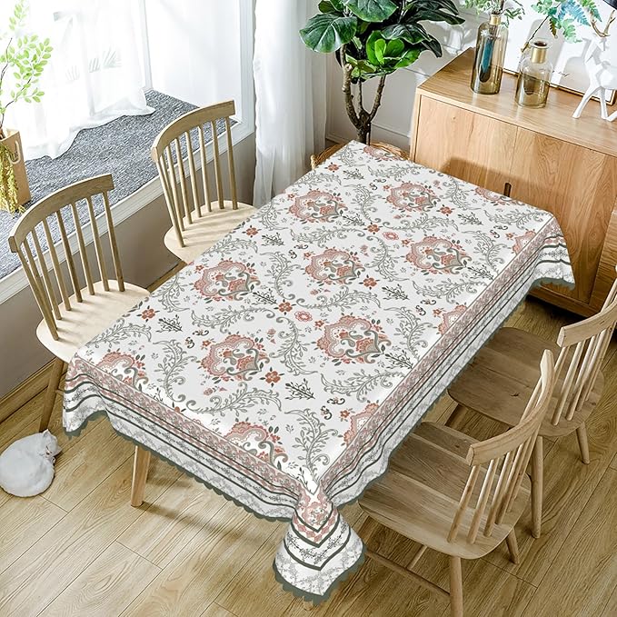 Rustic Floral Tablecloth 60x84 Inch Rectangular Green Pink Flower Boho Spring Wrinkle Resistant Table Cloth Washable Seasonal Retro Table Cover for Home Restaurant Picnic Camping 60x84 Inch