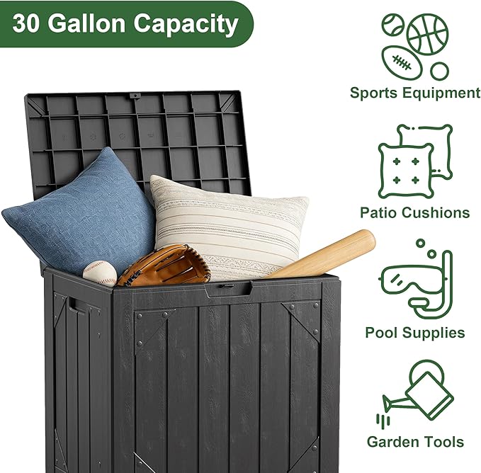 30 Gallon Resin Deck Box Waterproof Outdoor Storage Box for Patio Furniture Pool Accessories Indoor Storage for Cushion Garden Tools, Black