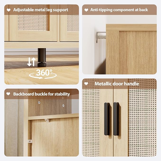 Rattan Buffet Cabinet with Storage, Sideboard with Doors, Console Table, Farmhouse Coffee Bar, Modern Wood Storage Cabinets(Oak 2.0)
